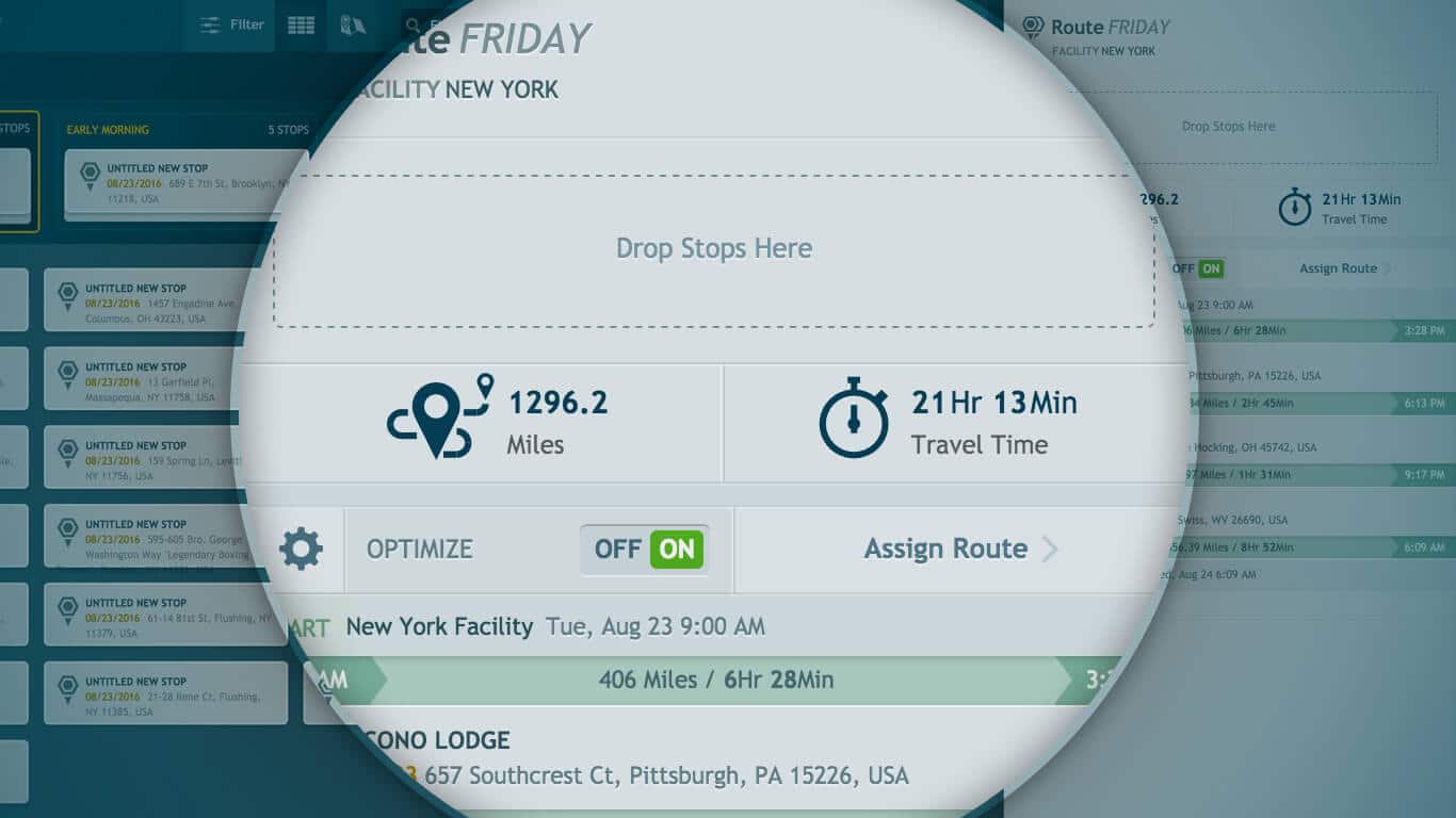 Route Matrix route totals summary showing distance, time, and cost calculations