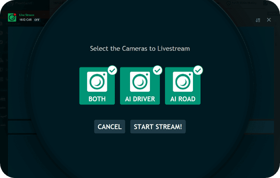 FleetCam AI live video streaming interface showing camera feed selection