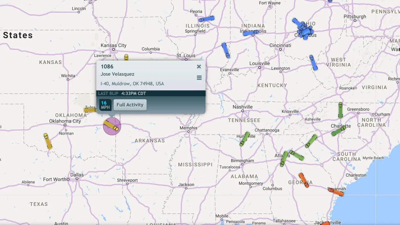Real-time fleet tracking map showing vehicle locations across the United States